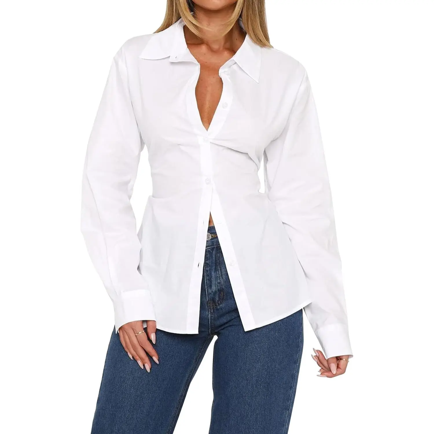 Women's Lapel Collar Button Down Shirt Cinch Waist Long Sleeve Casual Work Dressy Tunics Blouse Corset Tops