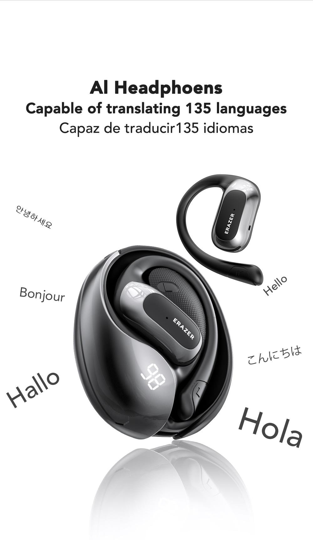 ERAZER X5 AI Translation Earbuds, Real-time Translate with APP, OWS Open-Ear Headphones, Ear Hooks Design , Wireless Earbuds, With HD Mic, Waterproof, Power Digital Display, 24H Playtime, Bluetooth 5.4 Earbuds, Gaming with Low Latency
