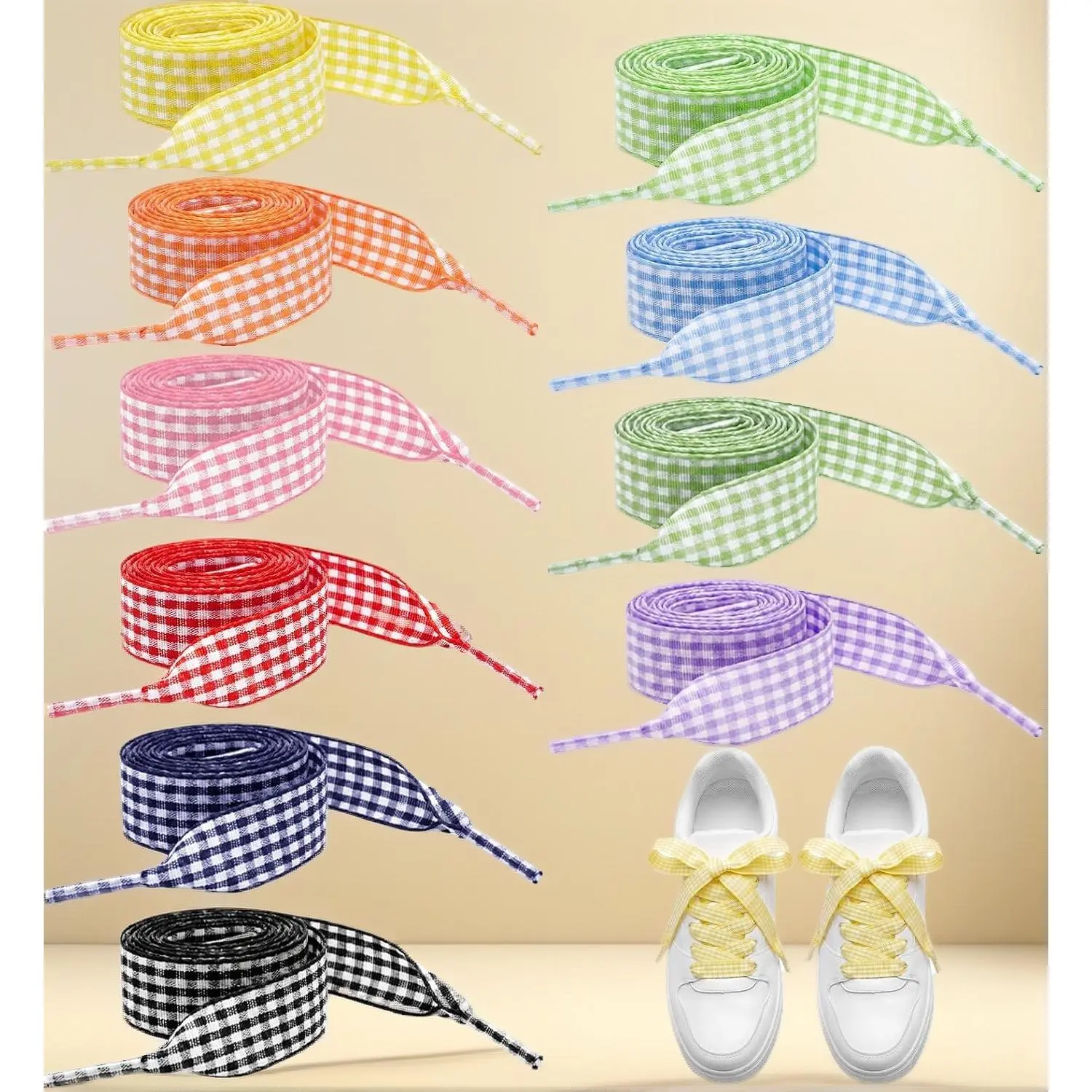 10 Pcs Gingham Shoelaces 47in – Soft Checkered Ribbon Shoe Ties, Colorful Organza Laces for Women, Polyester Wide DIY Craft Laces