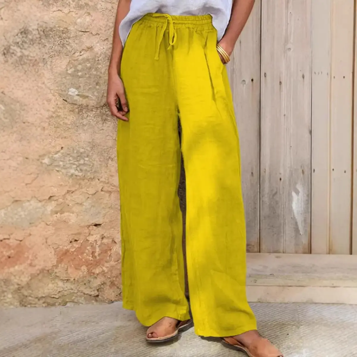 Women’s Wide Leg Drawstring Pants, High Waist Loose Fit Trousers with Pockets, Lightweight Casual Summer Pants for Travel, Beach and Daily Wear