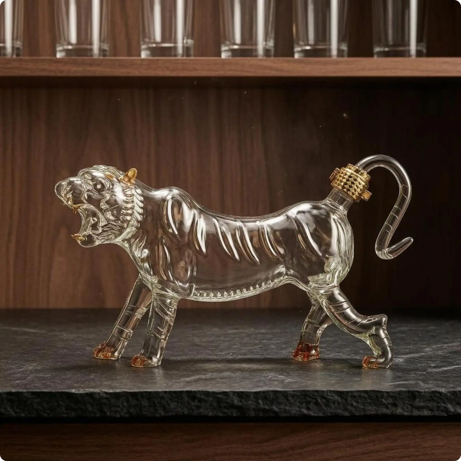 Sealed Glass Liquor Container Tiger Carved Body High Borosilicate Decorative Bottle for Alcohol Infusion Bar Cabinet Decor