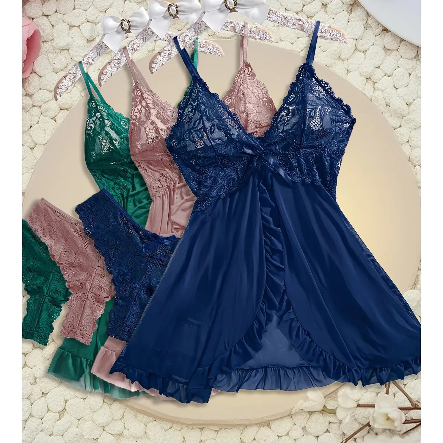 Lady's 3-Piece Sleeveless Modern Net Fabric Strap Nightwear Set - Red, Blue, Black Sheer Lingerie, Loungewear Suitable For Home, Valentine's Day, Women, Clothes, 3Pcs, Sexy, Hotel, Intimate Occasions