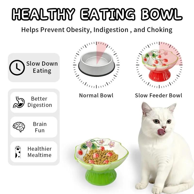 Ceramic Slow Feeder Cat Bowl, Elevated Pet Food Bowl for Cats & Small Dogs, Non-Slip Base, Strawberries Country-Style Design