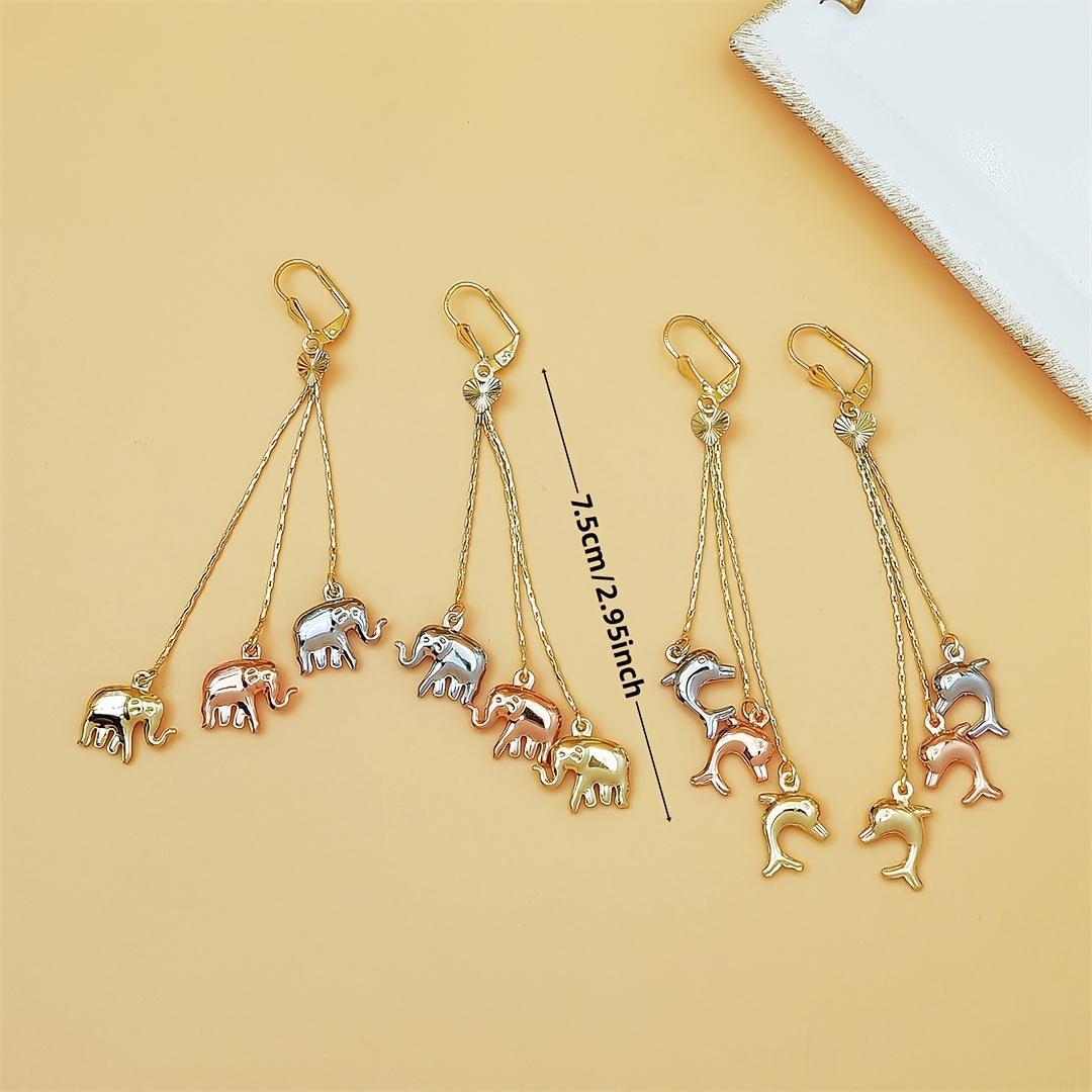 Women's Polished Copper Alloy Dangle Earrings - 3-Tone Elephant-Dolphin Charm Multi-Chain Tassel Ear Jewelry, Lightweight Elegant Craft for Wedding, Daily Casual Use (Sports & Outdoor Accessory Complement)