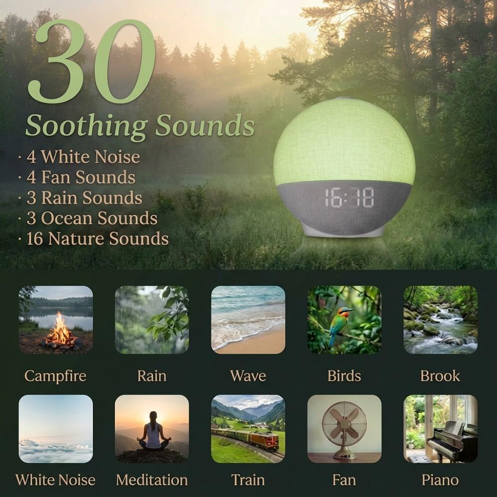 Sunrise Multifunctional Alarm Clock with White Noise Machine, Bluetooth Speaker, Color Changing Night Light, Fabric Cover, for Bedroom – Perfect Gift for Adults and Kids, Sleep Aid & Home Decor