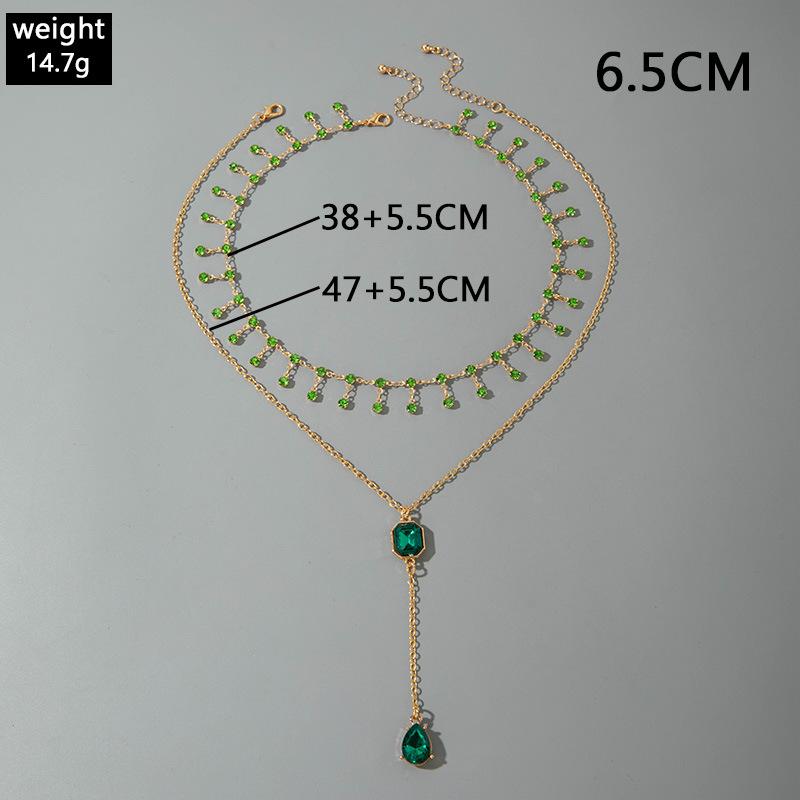 Elegant Emerald Gemstone Necklace, Vintage Rhinestone Fringe Layered Y-Shape Pendant, High-Quality Jewelry for Women