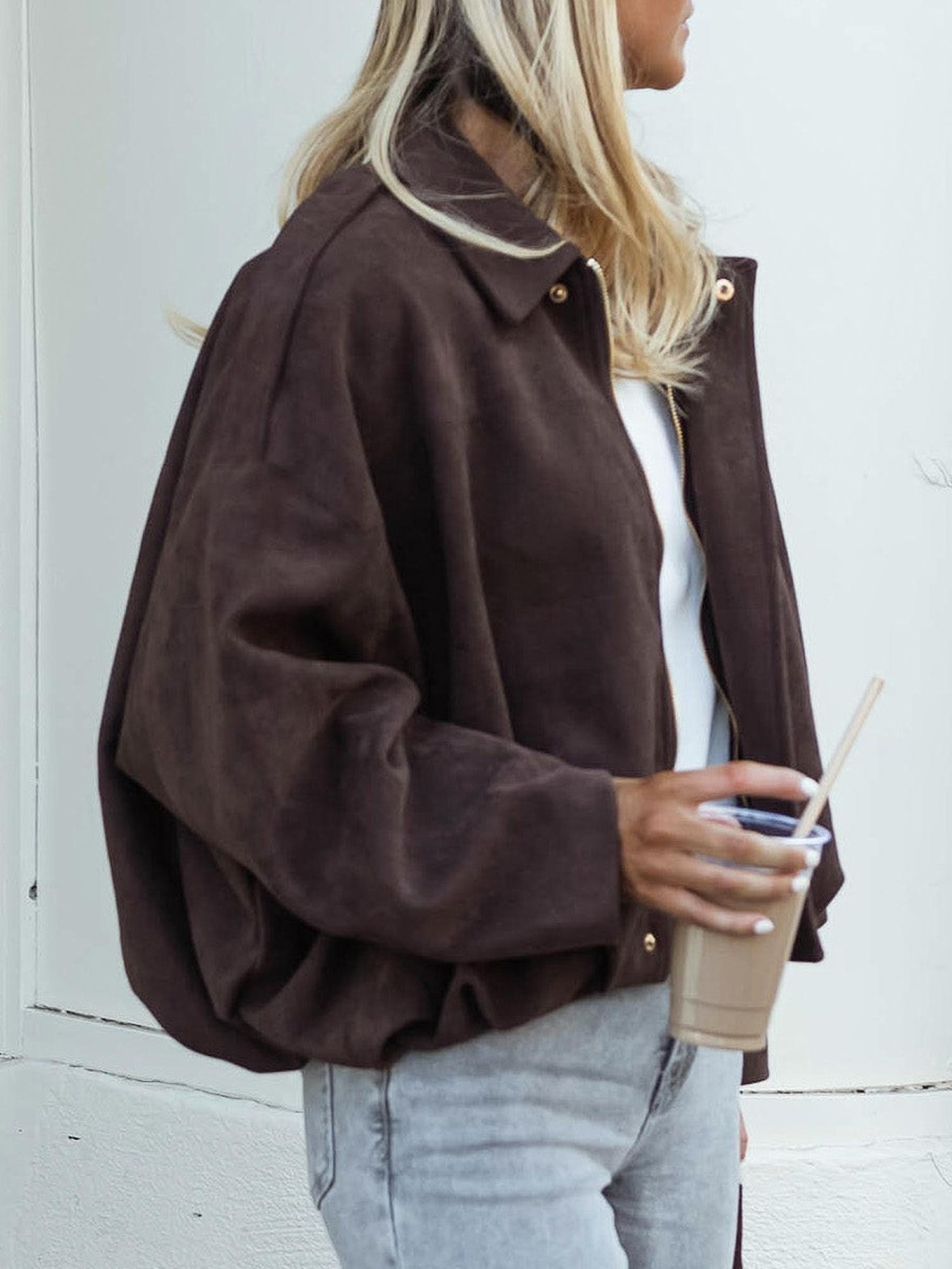 Women Solid Fall Winter Long Sleeve Loose Jacket Ladies Daily Casual Outfit Vintage Coat