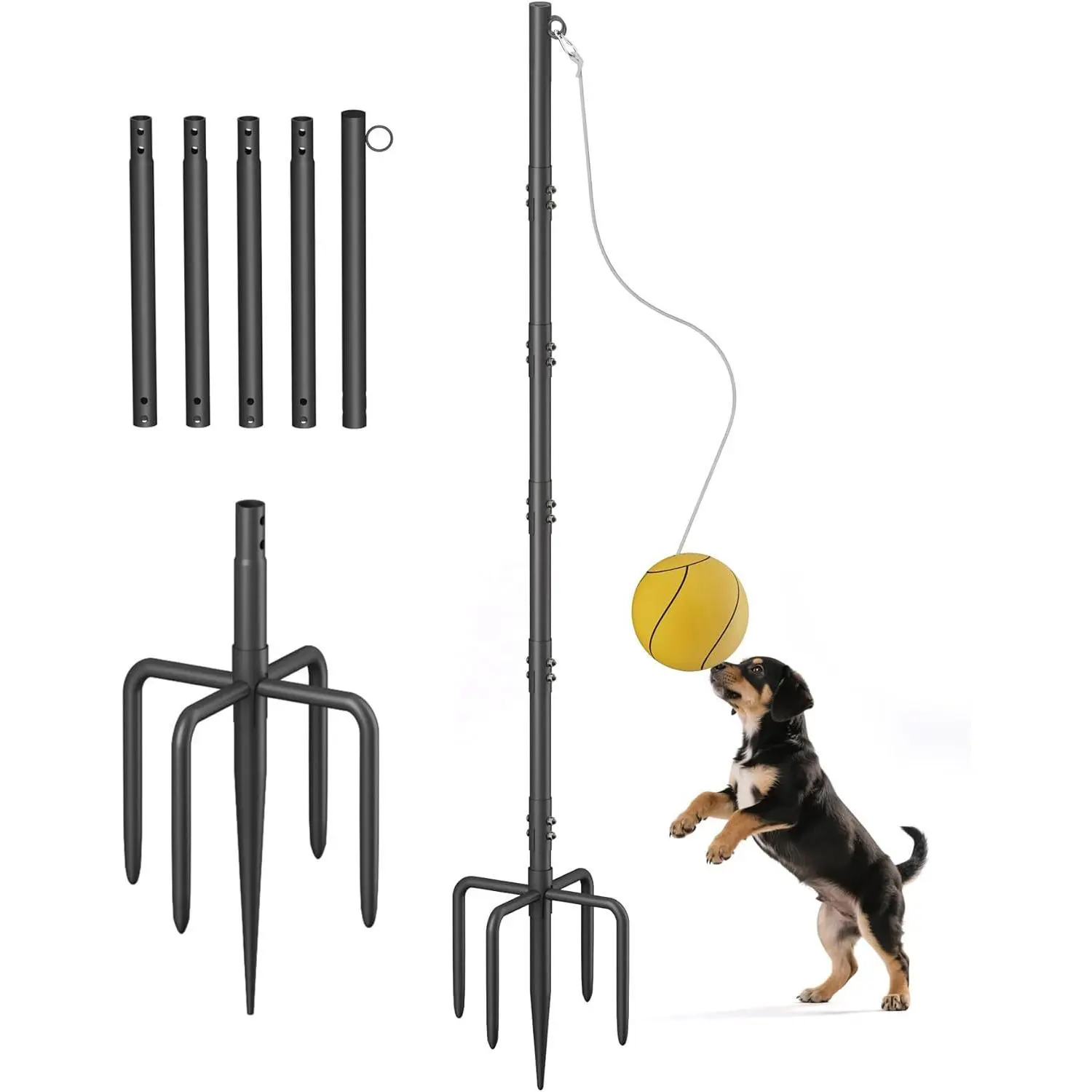 Heavy-Duty Height Adjusting Tetherball Set with Rope & Ball, In-Ground Portable Base Equipment for Outdoor Backyard Playground Sports Fun Game