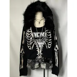 Fur Collar Hooded Jacket Fleece Punk Autumn Winter Hoodie American Retro Spicy Girl Subculture Skeleton Sweatshirt Sudadera