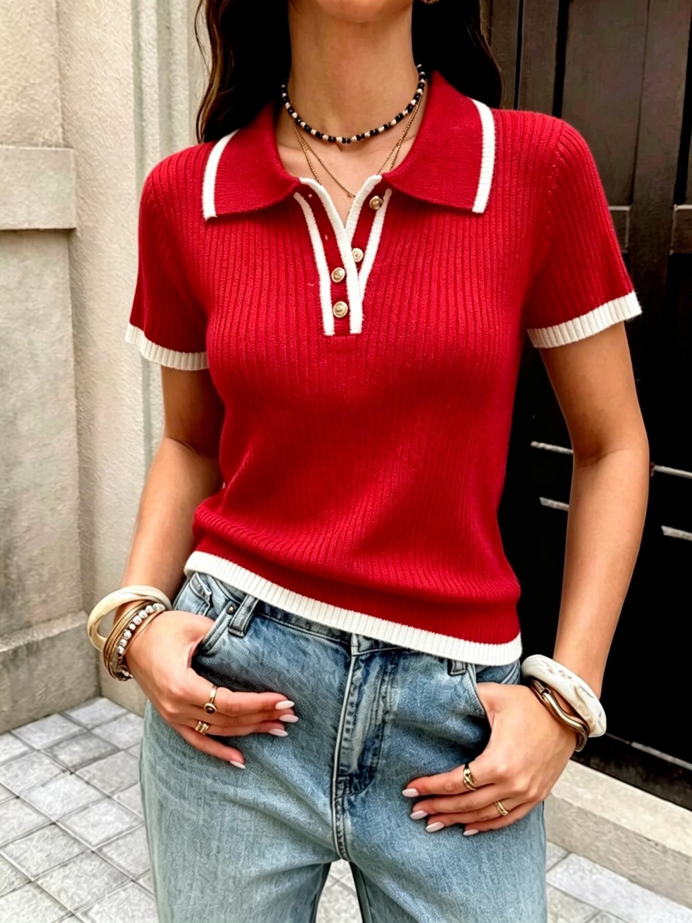Summer Autumn Simple Style Colorblock Polo Button Collar Pullover, Fashion Casual Elegant Slim Fit Short Sleeve Knit Top for Women