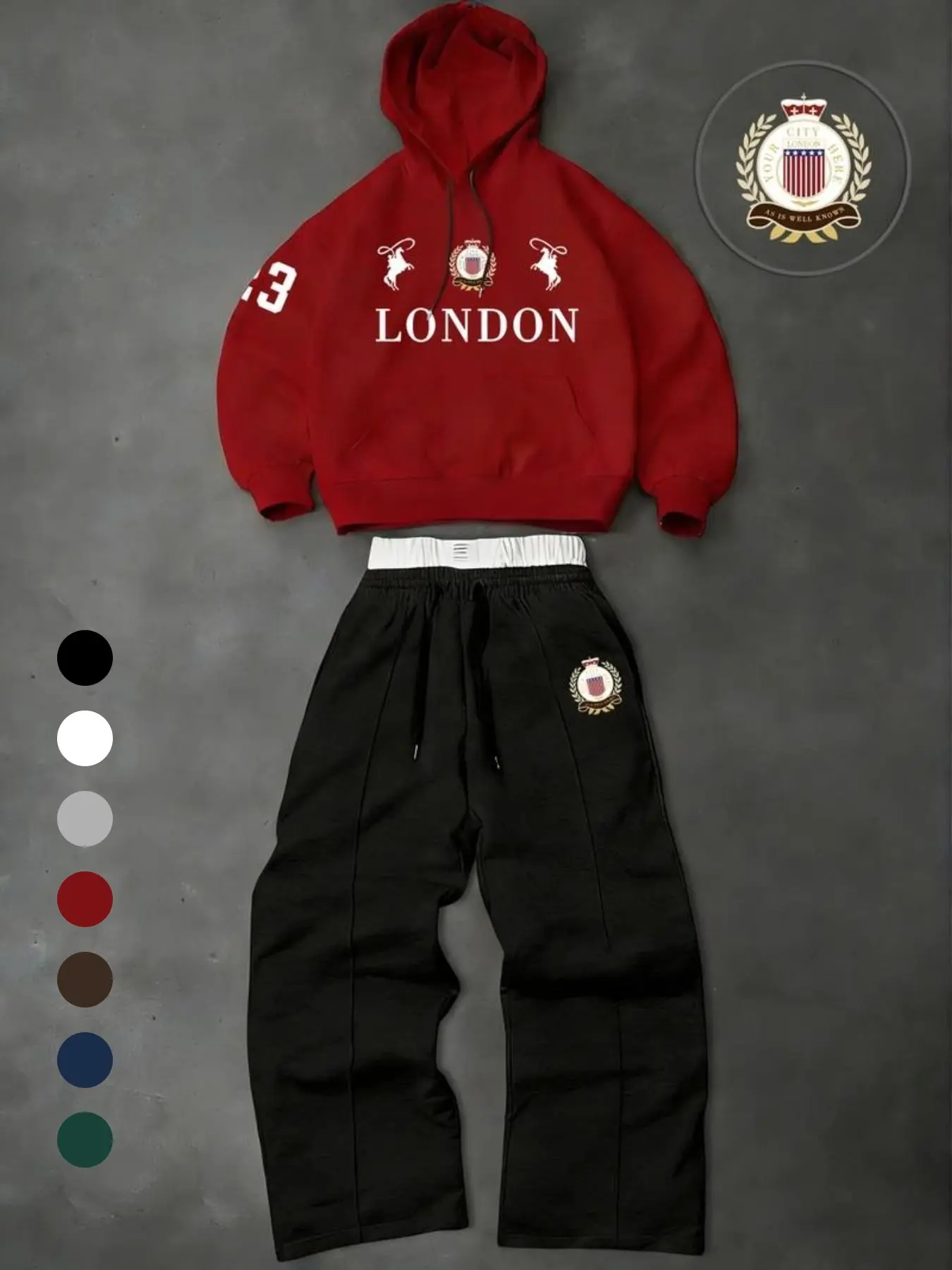 American Vintage London Badge Print Hoodie and Pants Set, Loose Fit, Fall & Winter, Streetwear Style, Unisex Couple