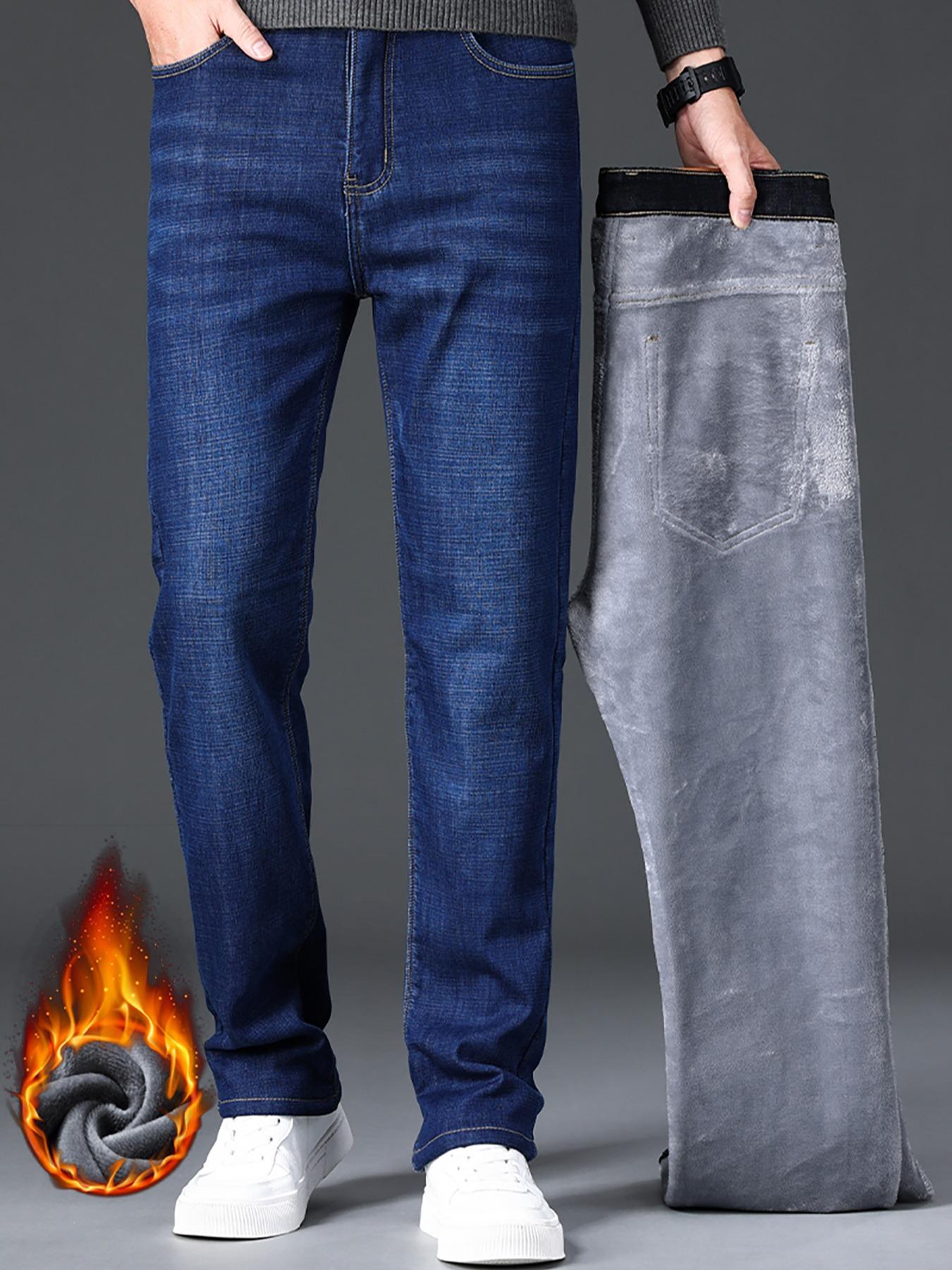 Men's Thickened Winter Fleece Jeans, Classic Loose Straight Leg High Waist Casual Elastic Pants, Warm Long Denim Trousers for Fall & Winter, Fashion Jean Bottoms