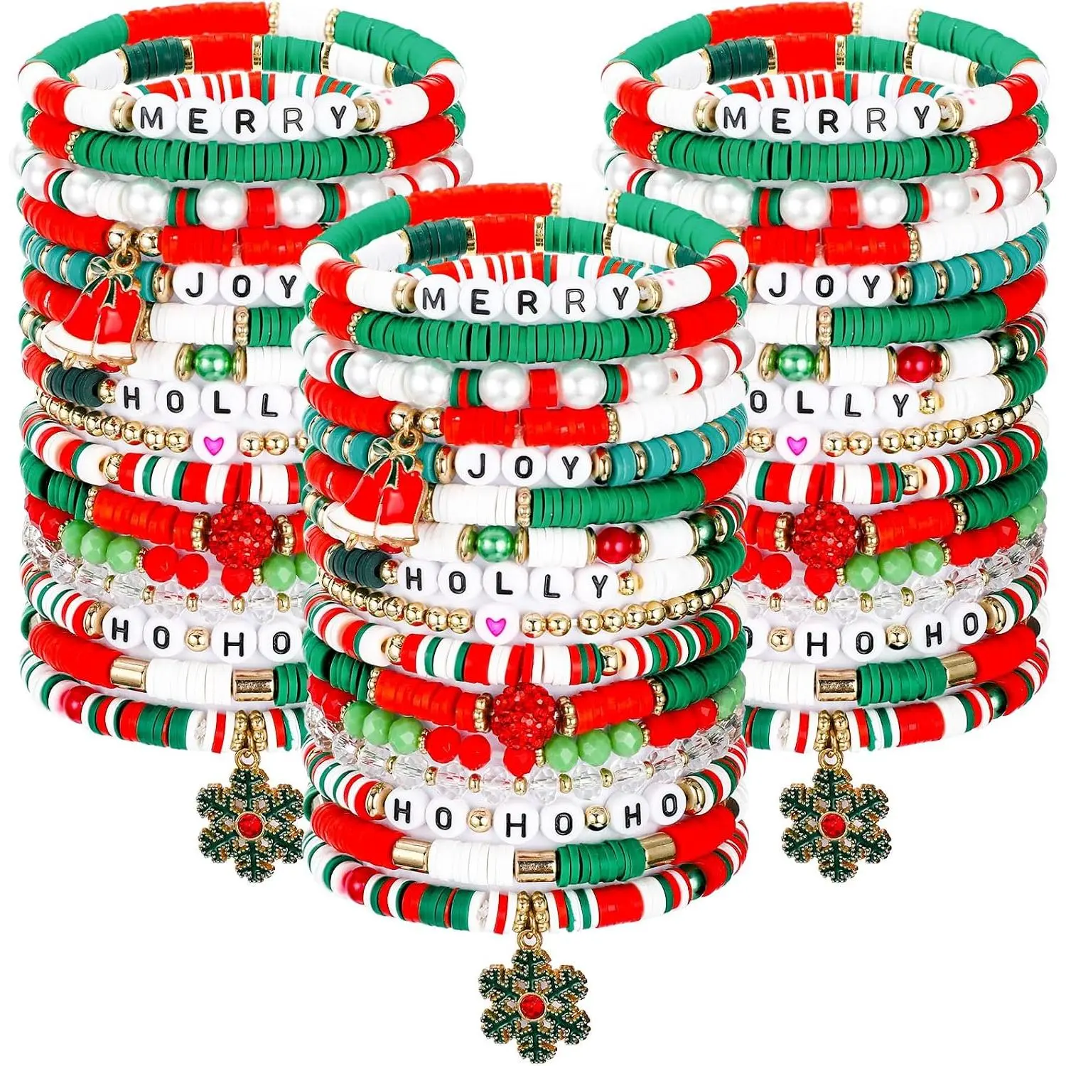 48 count Christmas Bracelets Set Stackable Heishi Surfer Bracelet Beaded Christmas Bracelets Bulk Women's Preppy Polymer Clay Stretch Bracelet for Women Party Supplies