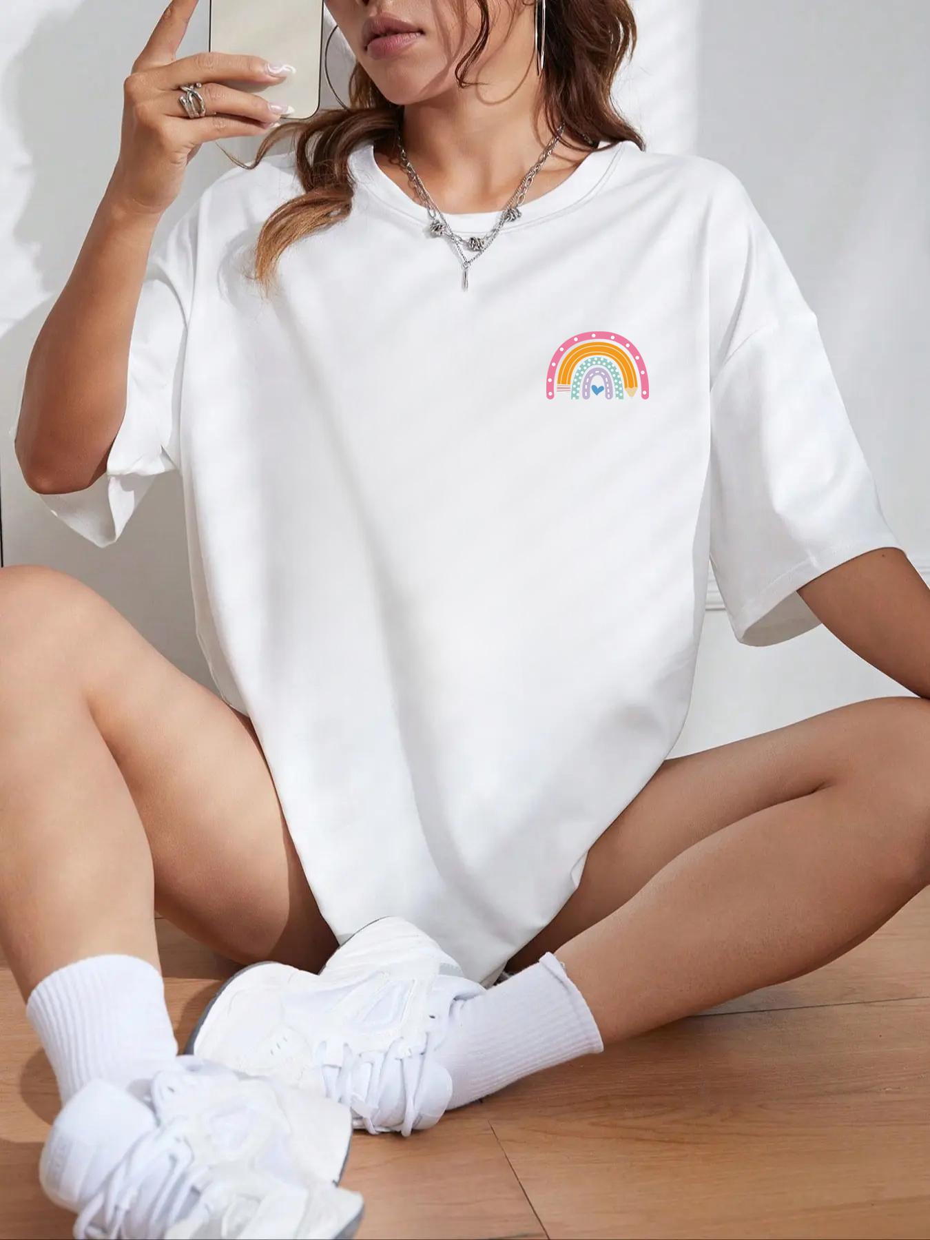 Women's Rainbow & Letter & Floral Print Round Neck Graphic Tee, T Shirts for Women, Vintage Trendy Boho Casual Summer Streetwear Short Sleeve T-shirt for Daily Wear, Ladies Summer Outfit Womenswear Apparel T Shirt