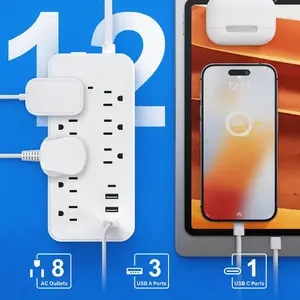 Power Strip Surge Protector, 8 Widely Outlets with 4 USB Ports (1 USB C), Multi Plug Wall Outlet Extender, 5FT Extension Cord Charging Station, Small Power Strip for Travel Home Office College Dorm