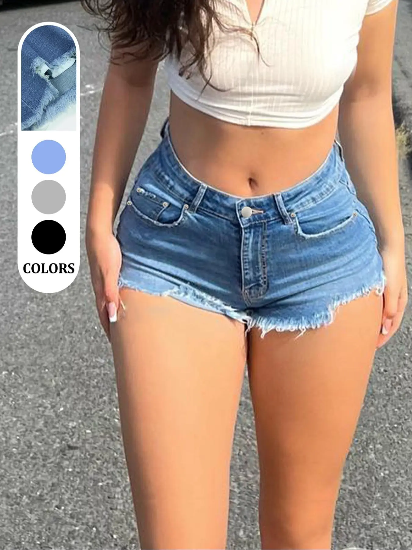 Women's Low Waist Frayed Edge Button Denim Shorts, Slim-Fit Ultra-Short Jean Pants, Multiple Colors Available, Casual Holiday Style