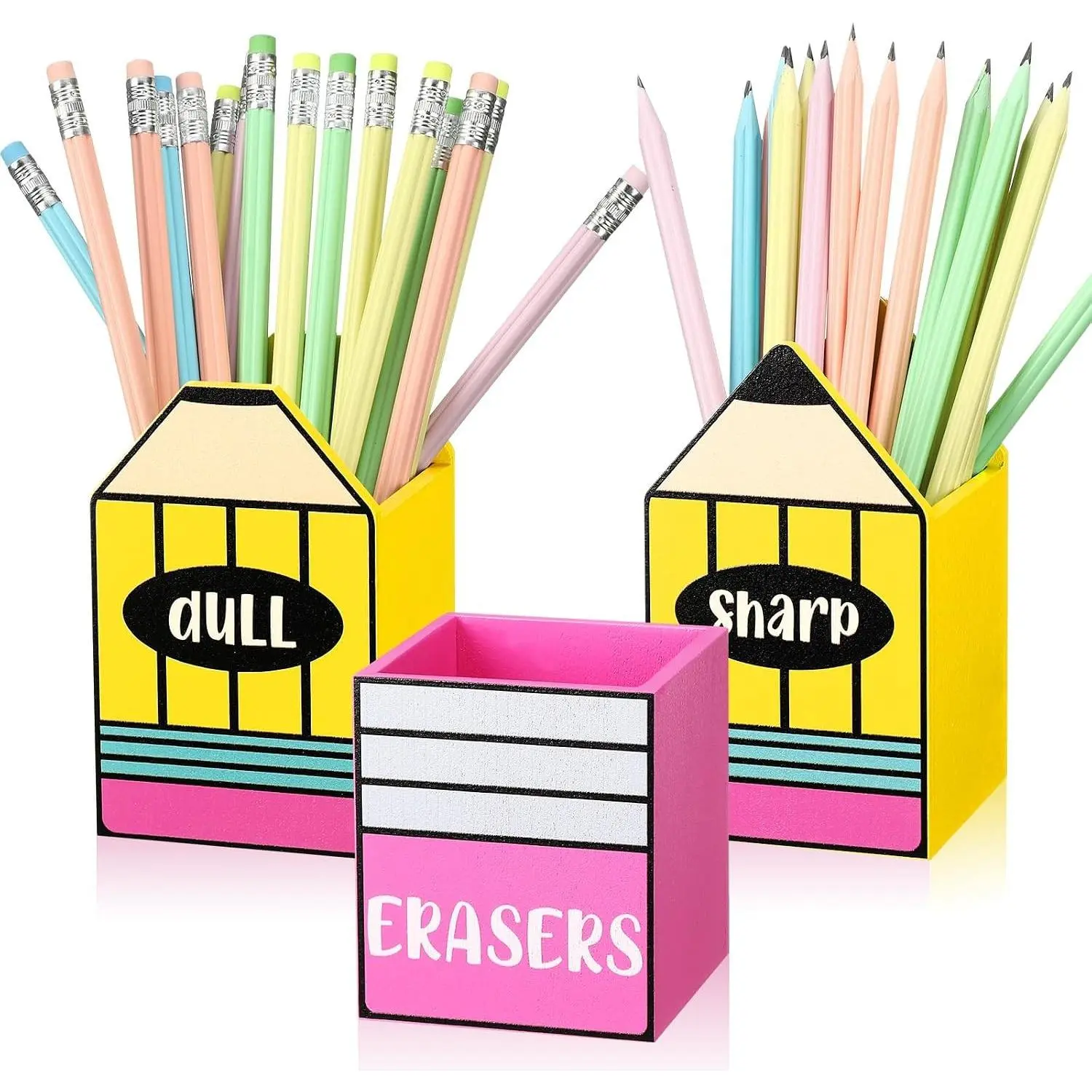 3 Pcs Wooden Pencil Holder for Classroom - Sharp and Dull Pencil Dispenser with Eraser Buckets, Finished Pen Organizer for Back to School Classroom Management (Stylish)