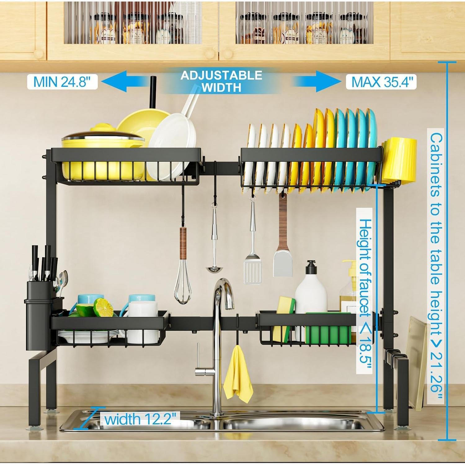 SUNDAY MIRTH [2-Tier 4 Baskets]Over The Sink Dish Drying Rack, 24.8"-35.4", Large Sink Rack for Kitchen, Extensible and Adjustable, Saving Kitchen Space