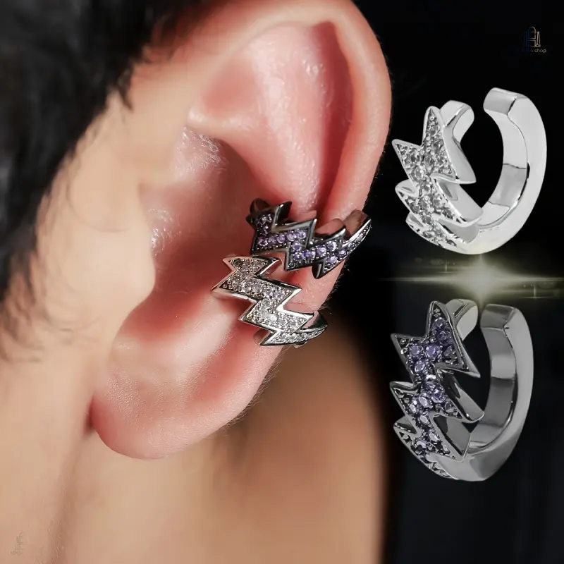 1Pair Black Silver Lightning Cubic Zircon Ear Cuffs for Unisex, Non Pierced Copper Ear Clips with Storage Box, Fashion Jewelry Gift for Birthday Holiday