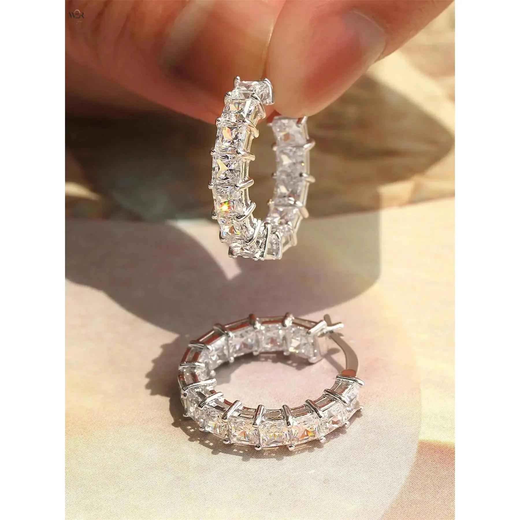 Women's 2 cm Chunky Copper Base Hoop Earrings - 1 Pair Modern Baguette Stone Design, Silver-Gold-Blush Pink, Lightweight Elegant Youth Accessory, Jewelry for Women, Summer Gift for Daily Wear & Special Events