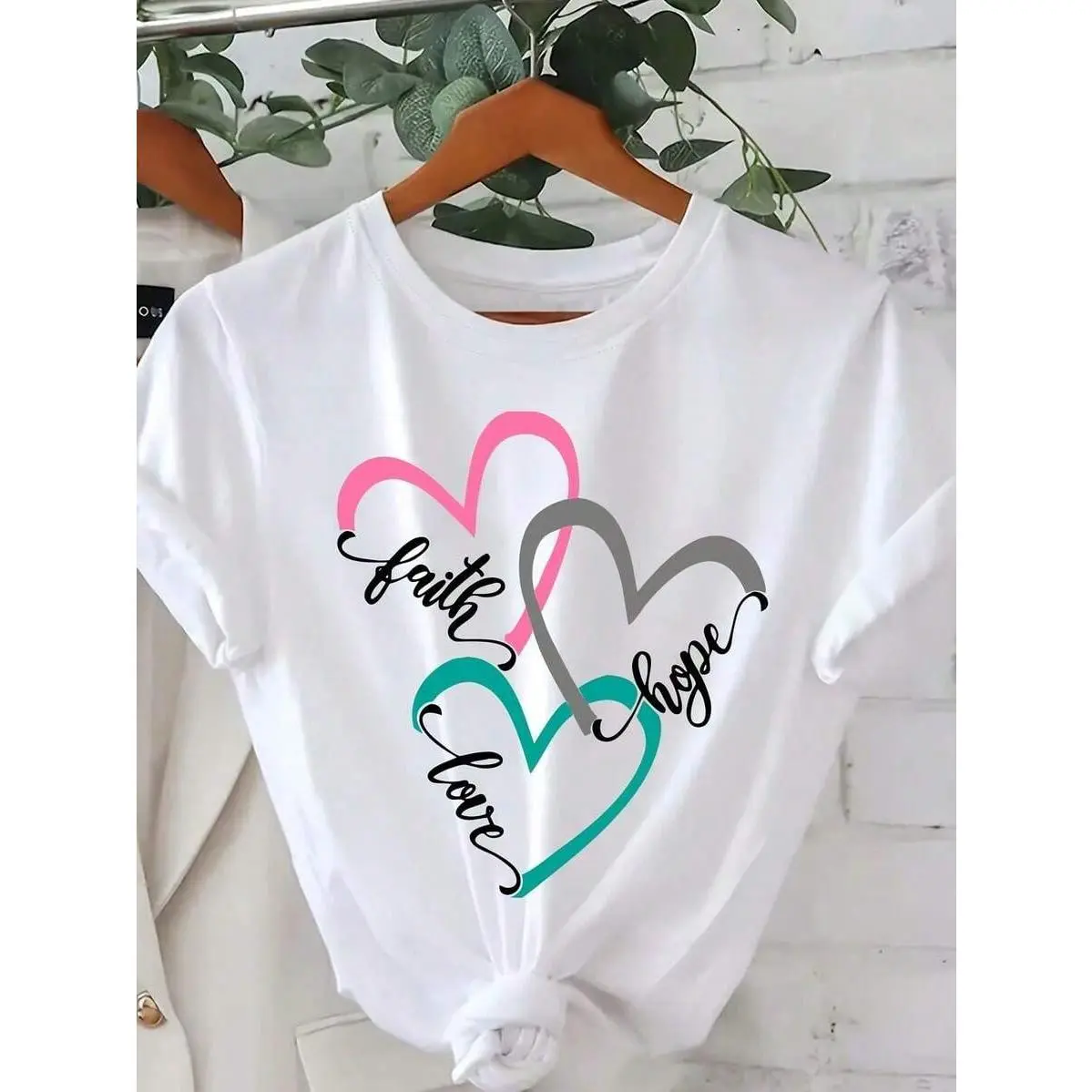 100% Cotton Unisex Round Neck Tee, Faith Hope Love Overlapping Colorful Heart Chest Graphic Loose Casual Top, Positive Inspirational Cursive Text Print For Women Daily Soft Breathable Summer Gift, Non-Washed Fabric