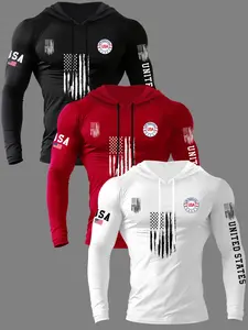 Men's 3-Piece Knit Eagle Flag Graphic Letter Print Hooded Long Sleeve T-Shirt Set, Spring & Fall Outdoor Classic Casual Style Set, Fitted Pullover, Fabric, Outfit
