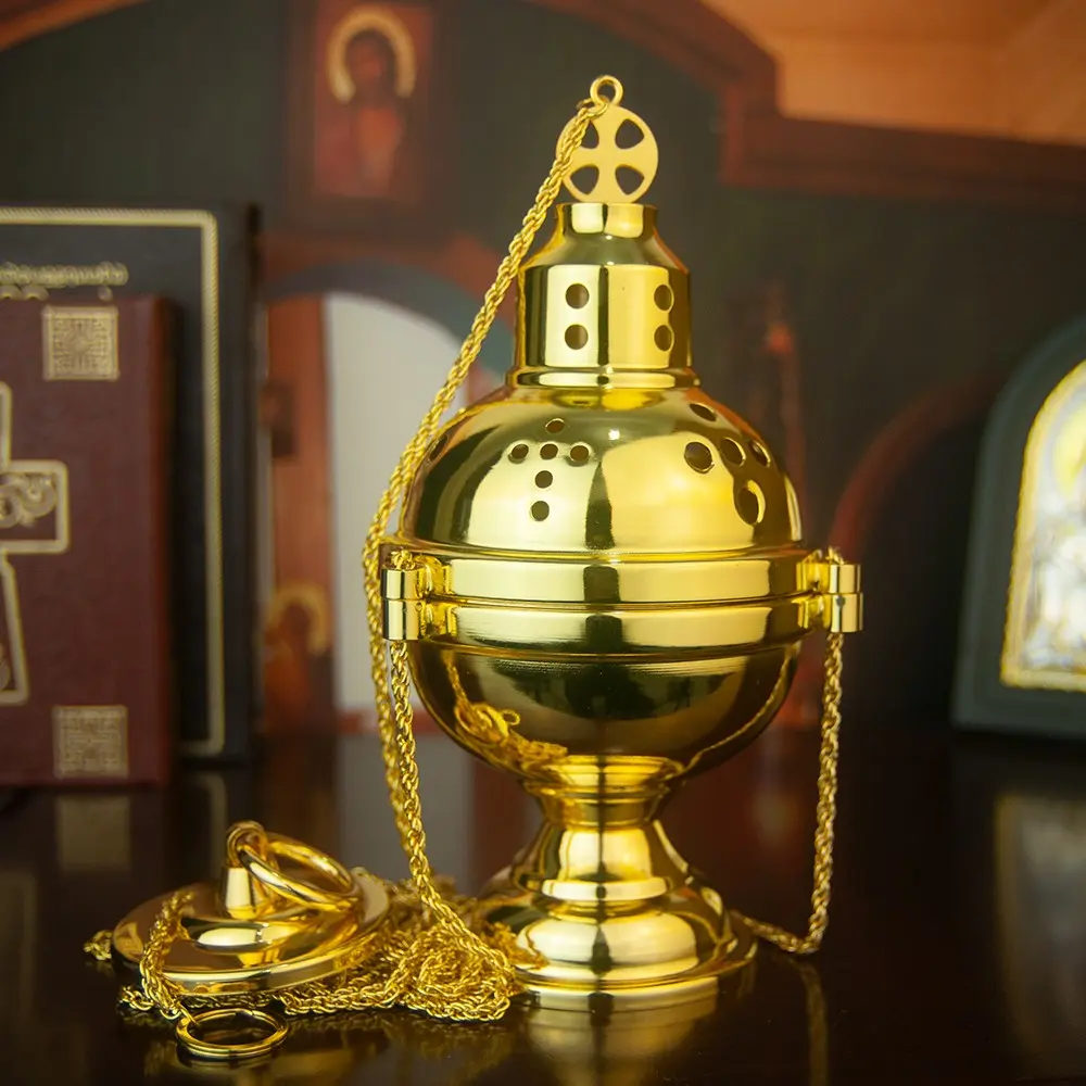 Orthodox Hanging Incense Burner, Bakhoor Burner, 8.7Inch Gold Plated Spherical Church Censer with Perforated Lid, Detachable Incense Bowl for Home Altar, Chapel Liturgy and Religious Gift