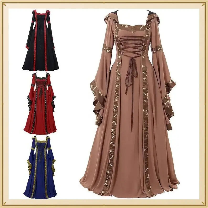European and American Medieval Retro Hooded Square Neck Solid Color Thin Strap Lace Trim Flared Sleeve Large Swing Dress
