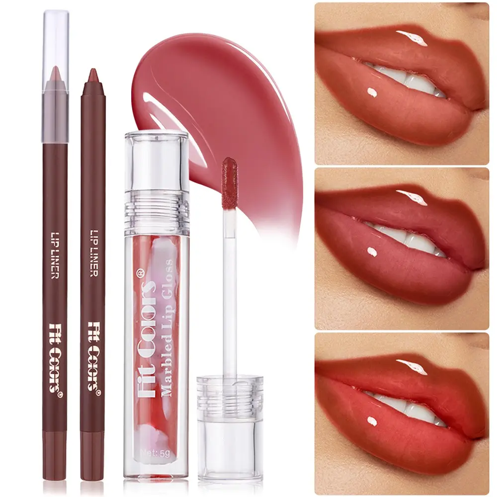Fit Colors 2pcs Lip Liner & Marble Lip Gloss Set, Long-Lasting Highly Pigmented, Moisturizing Plumping, Daily & Festival Use