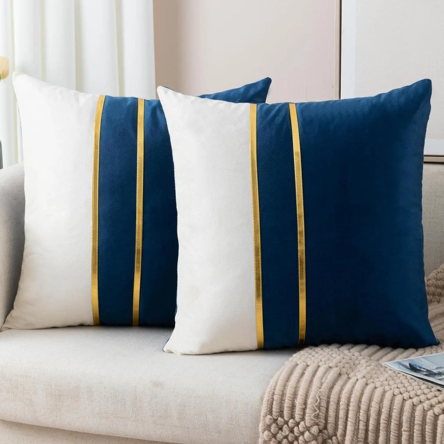 Set of 2 Velvet Decorative Throw Pillow Covers Navy Blue White Patchwork with Gold Leather Pillow Covers 18 × 18 Inch Cushion Covers Decor Living Room Sofa Bedroom Car