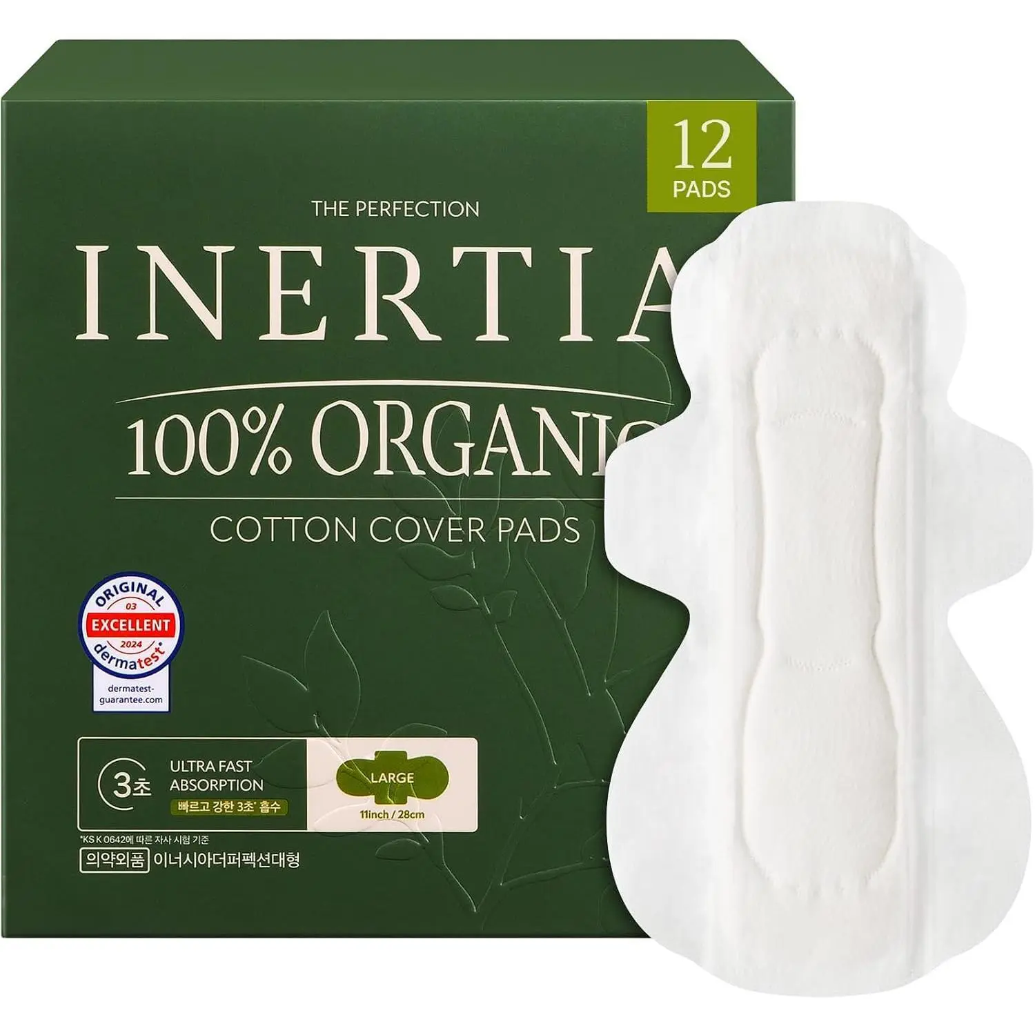 The Perfection Green – 100% Organic Cotton Korean Pads with Wings | Heavy Absorbency | Ultra Fast Absorption & Breathable Bio-Film, Leak-Proof & Hypoallergenic Period Pads for Women (12 Count)