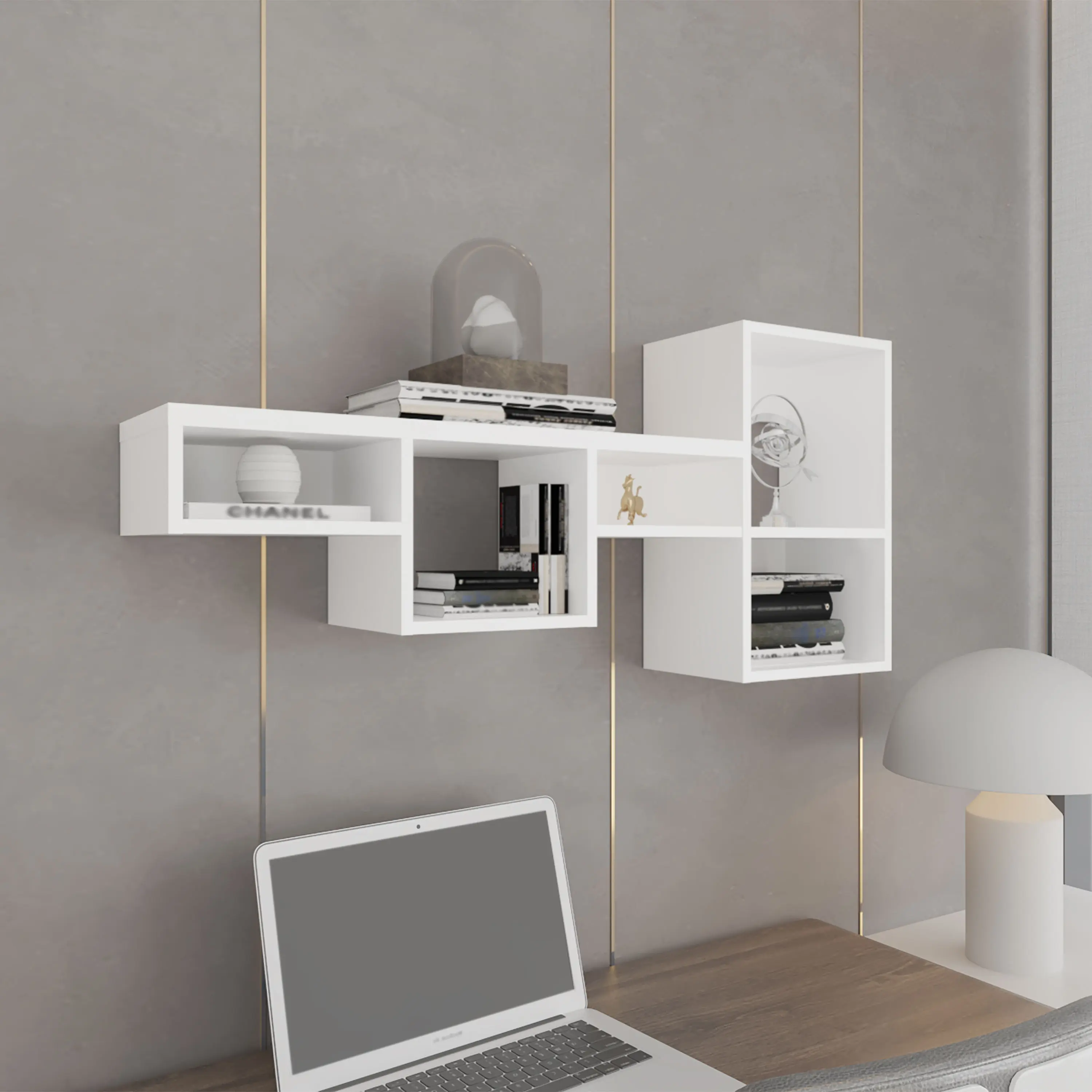 ARCH 7-Tier Wall-Mounted Modern Bookcase, 47.3 in Wide White Cube Box Shelf, Particle Board Modular Decor Display Unit, 100 lbs Capacity Horizontal Book Storage Rack for Living Room, Home Office