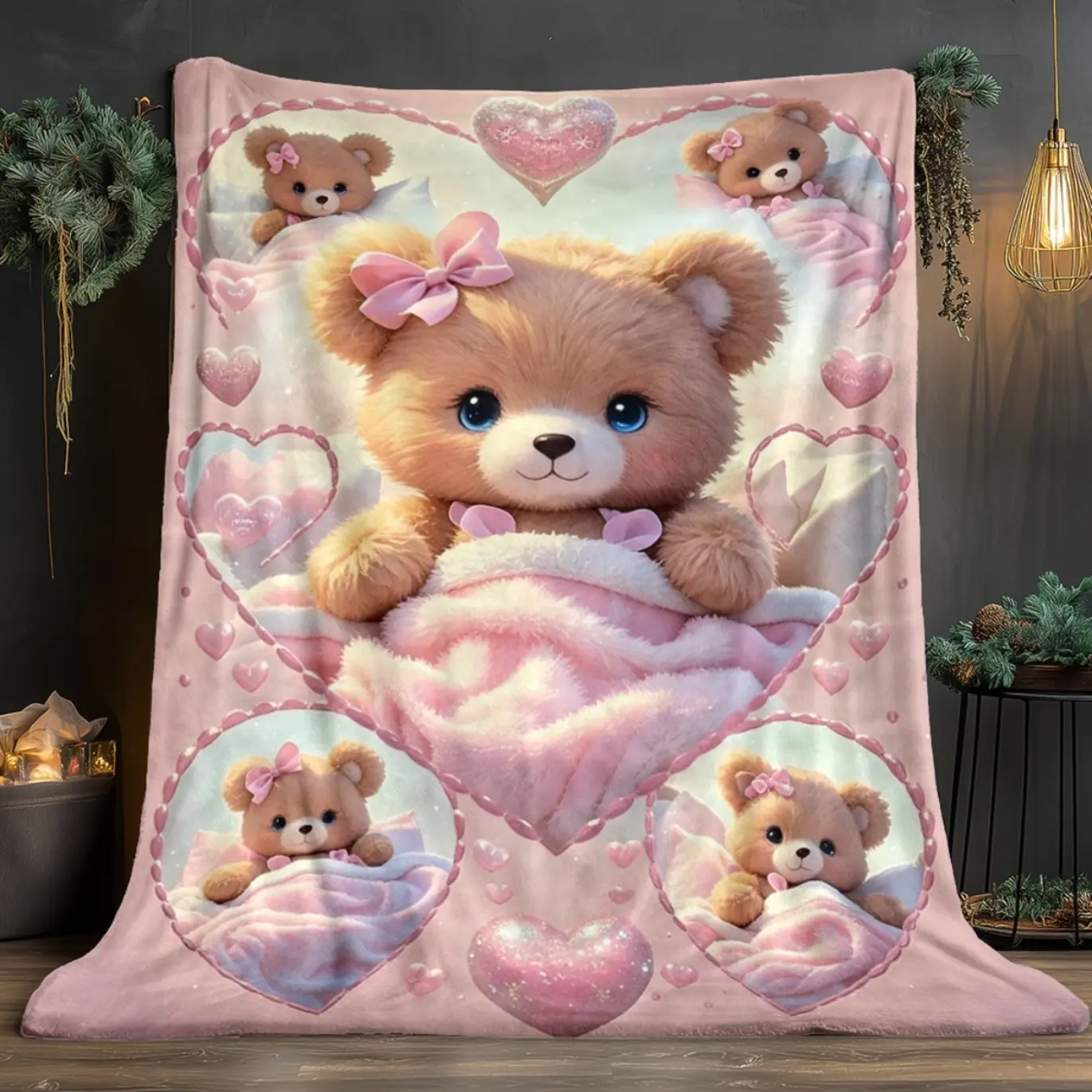 Teddy Bear Heart Print Flannel Throw Blanket, Cute Pastel Brown Plush Blanket, Soft Lightweight Cozy All-Season Blanket for Bed Sofa Couch Travel, Warm Home Decor Gift for Adults Girls Women, Aesthetic Bedroom Living Room Blanket