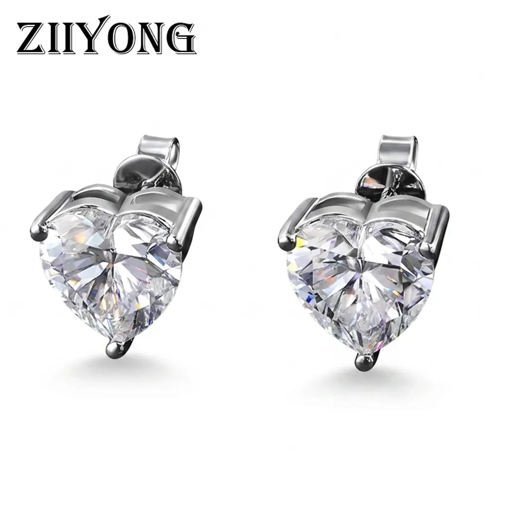 ZIIYONG 925 Sterling Silver Romantic Heart-Shaped Solitaire Cubic Zirconia Stud Earrings, Hypoallergenic Elegant Fine Jewelry for Women, Perfect for Anniversary Gift, Wedding Party Wear