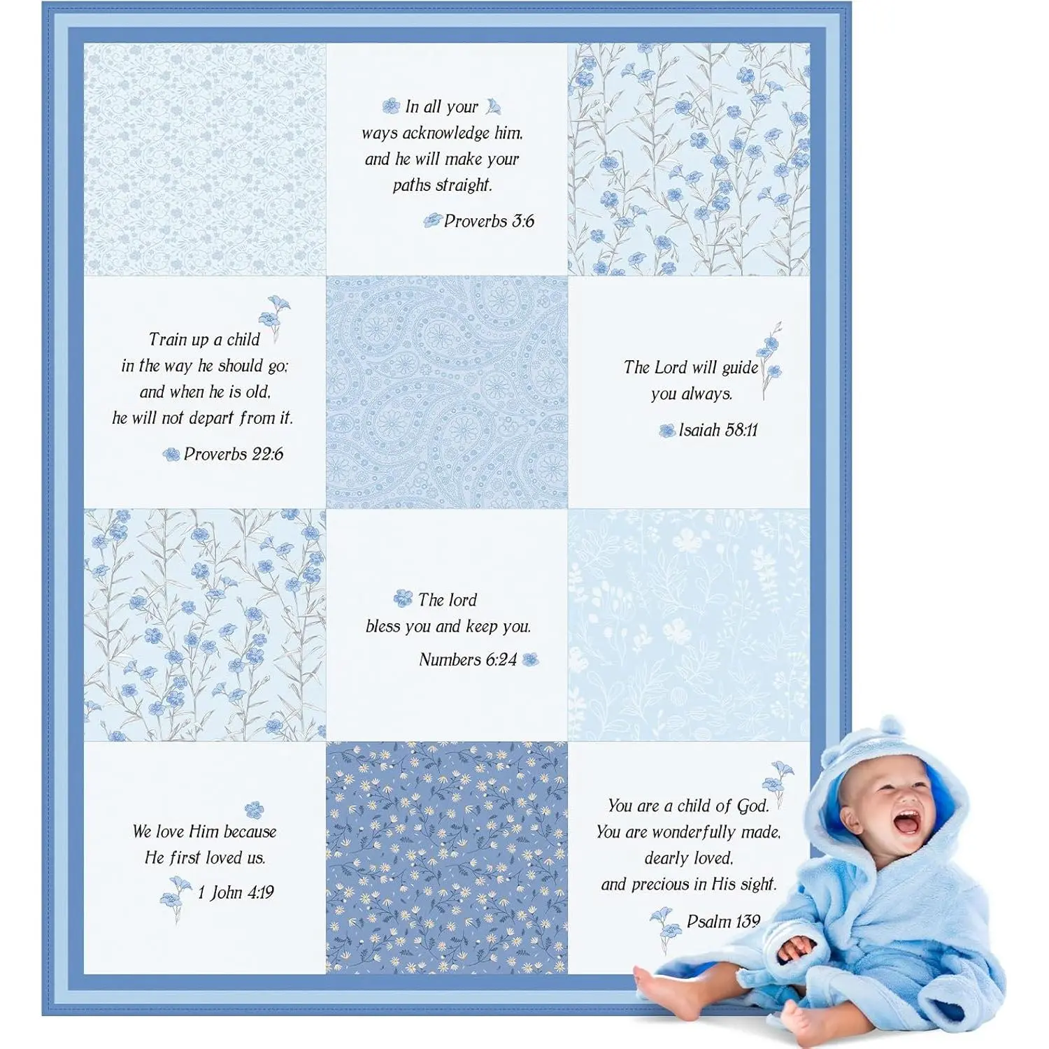 Christian Baby Blankets with Bible Verses Scripture Flowers Paisley Baby Receiving Baptism Blanket Christian Christening Gifts for Newborn Kids, 30 x 40 Inch(Blue) Slim Soft One-Side Printing