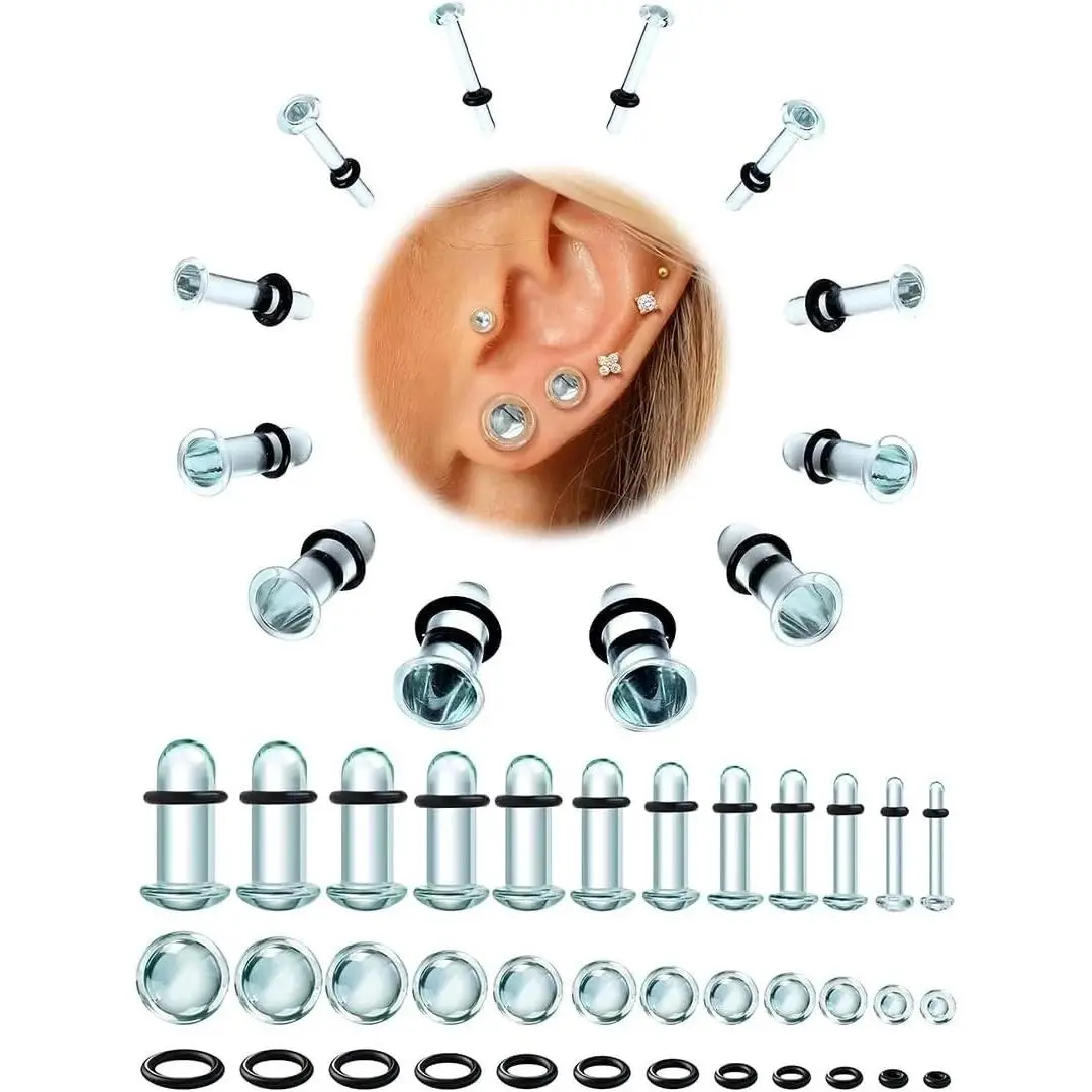 24 Pcs 0.5mm Increments Glass Ear Stretching Kit Hypoallergenic | 14G-1/2" Ears Plugs Tunnels Gauge Dead Stretching Kit with Rubber O-Rings Comfy Flare Domed Body Piercing Jewelry