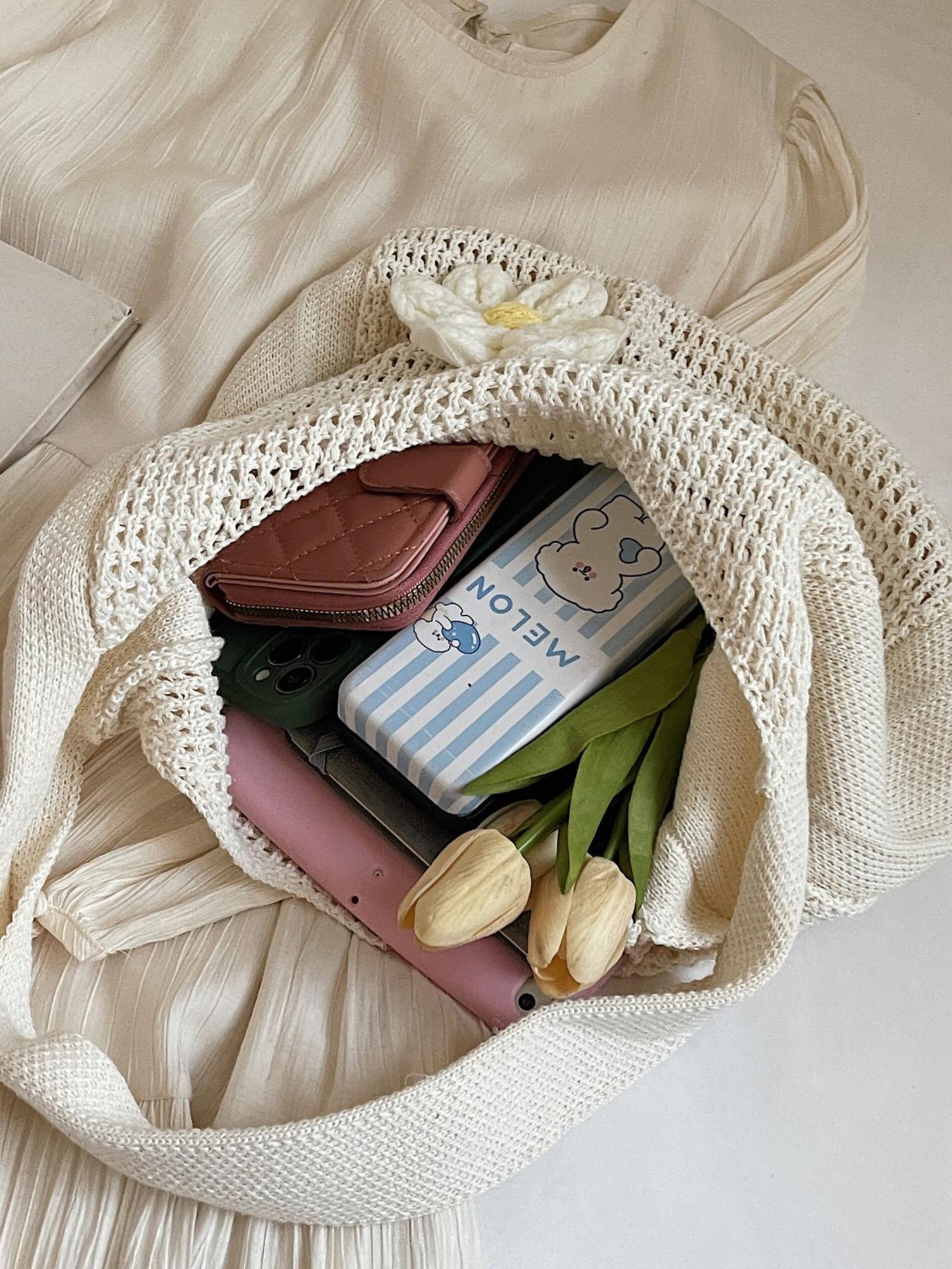 Women's Solid Color Straw Bag with Flower Decor, Fashionable Crochet Shoulder Bag Crossbody for Daily Used, Casual Trendy Versatile High-quality Daily Commuting Bag, Stylish Versatile Bag, Casual Trendy Purses