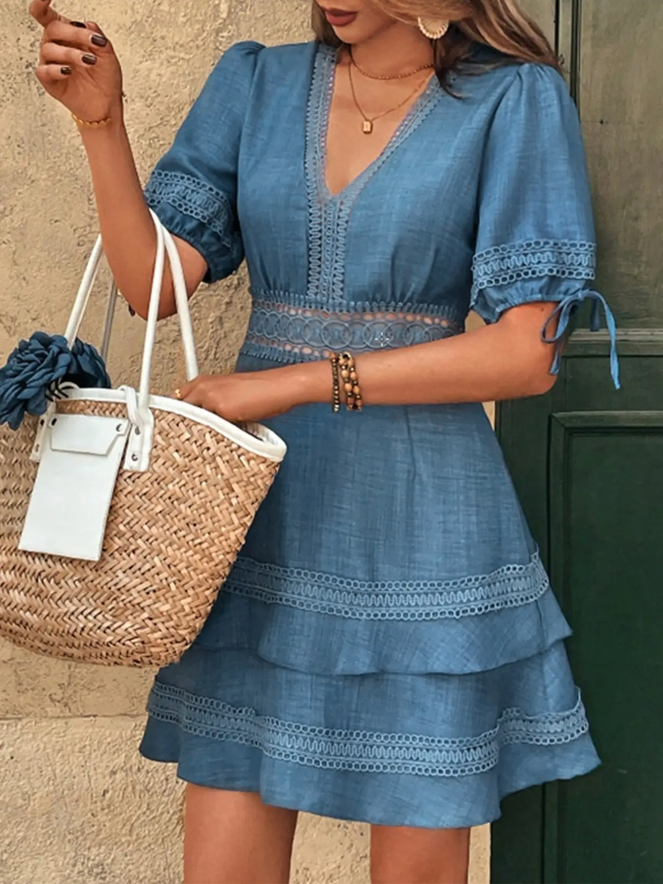 1 Piece Vacation Deep V Lace Edged Neck Puff Sleeves Tie Cuffs Midriff Hollow Cutout Multi Spliced Ruffle Tiered Mini Dress Chic Casual