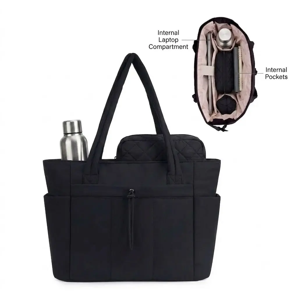 Everyday Essential Tote Bag For Work Laptop Canvas Quilted Shoulder Bag Large Capacity Multi Pocket Urban Minimalist Stitching Contrast Color Chain Patchwork Black Off White Camel Pink Blue