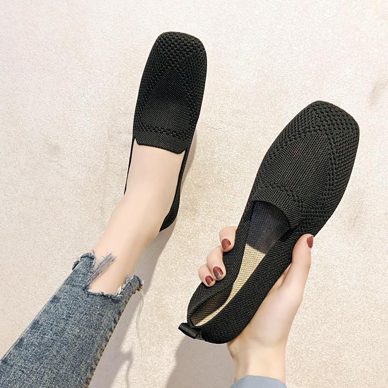 2026 Women's Breathable Knit Slip-On Flats |     Soft Sole Square Toe Boho Print Casual Walking Shoes