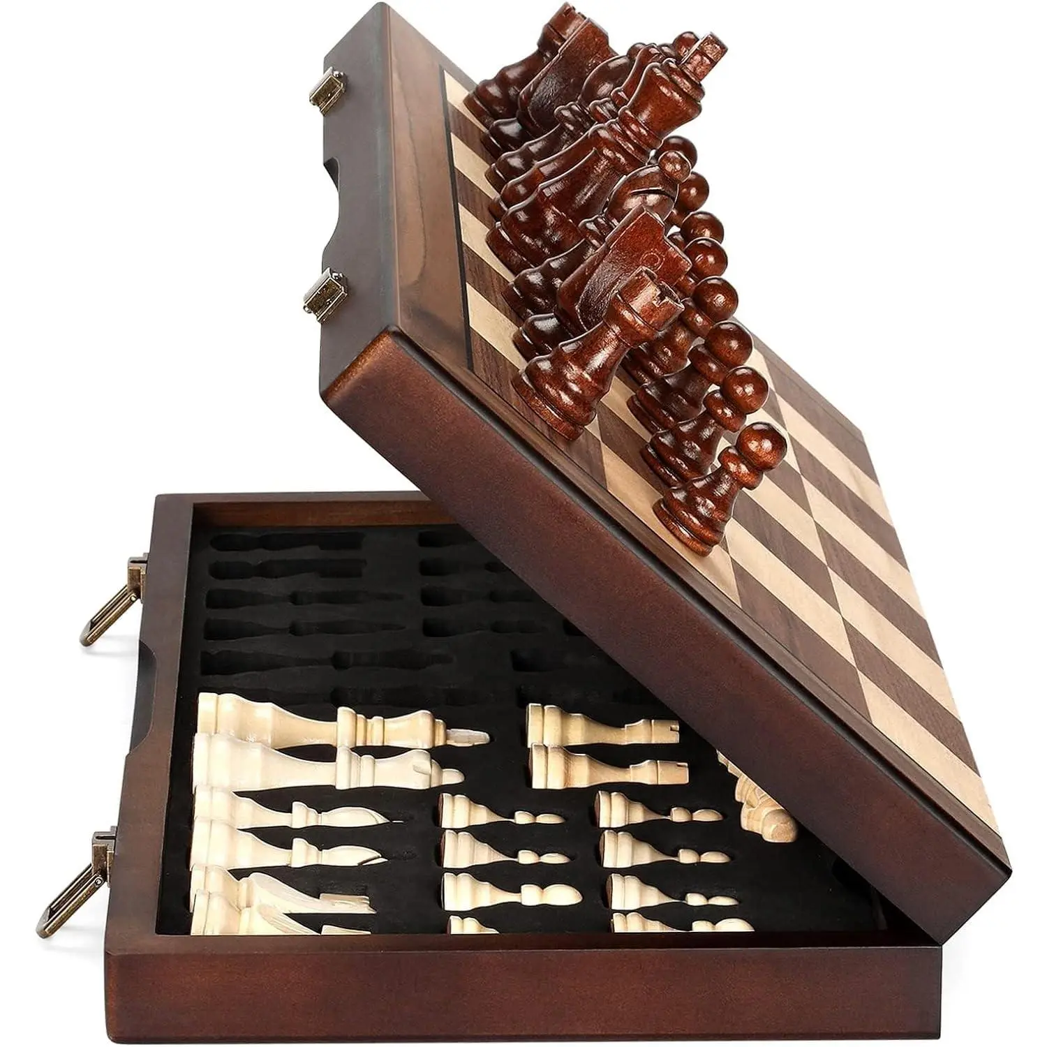 15'' Magnetic Wooden Folding Chess Set, Portable Travel Chess Board Game with Handmade Pieces for Adults Kids, Ideal for Tournament Professional and Beginner