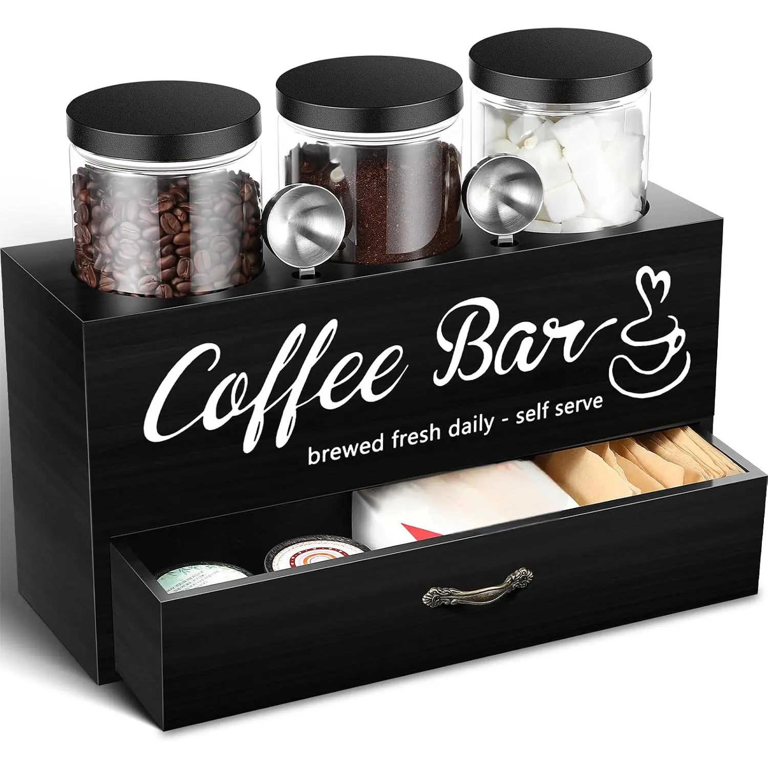 3 count Coffee Bar Containers Set Include Coffee Sugar Container with Lid and Spoon and Double Layer Storage Box with Drawer for Bar Kitchen Countertop(Black)