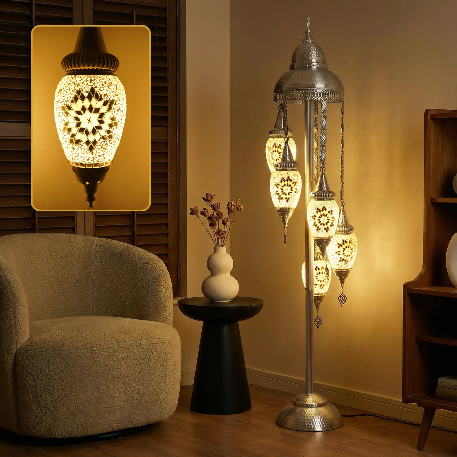 Turkish Floor Lamp with 5 LED Bulbs for Living Room | 61" Tall Boho Accent, Antique Brass Finish Metal, Olive Glass Shades, Vintage Hand-Hammered Weighted Base, E12 Base