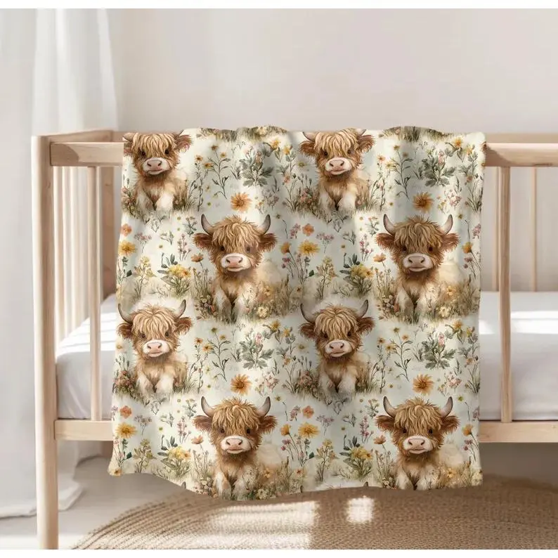 Watercolor Baby Highland Cow & Wildflower Floral Flannel Throw Blanket,Cozy Farmhouse Cottagecore Home Decor Sofa Blanket, Perfect Gift for Highland Cow Lovers & Floral Farmhouse Fans