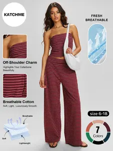 Women's Chic Color Matching Stripe Slim Tube Top & Low-Rise Wide Leg Trousers Co-ord, Spring & Summer Holiday Outfits, Comfortable Womenswear