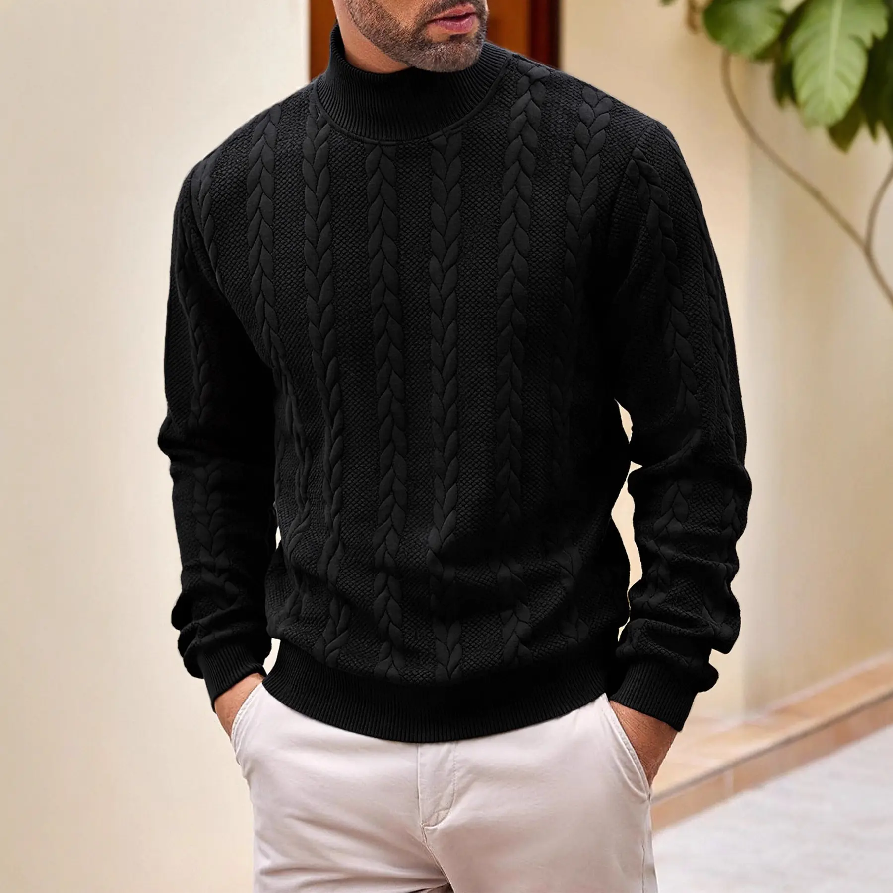 Men's Classic Cable Knit Sweater, Soft Long Sleeve Pullover for Autumn and Winter, Casual Turtleneck Knit Top for Layering and Daily Wear, Men's Gifts, Knitwear, Gifts for Boyfriend