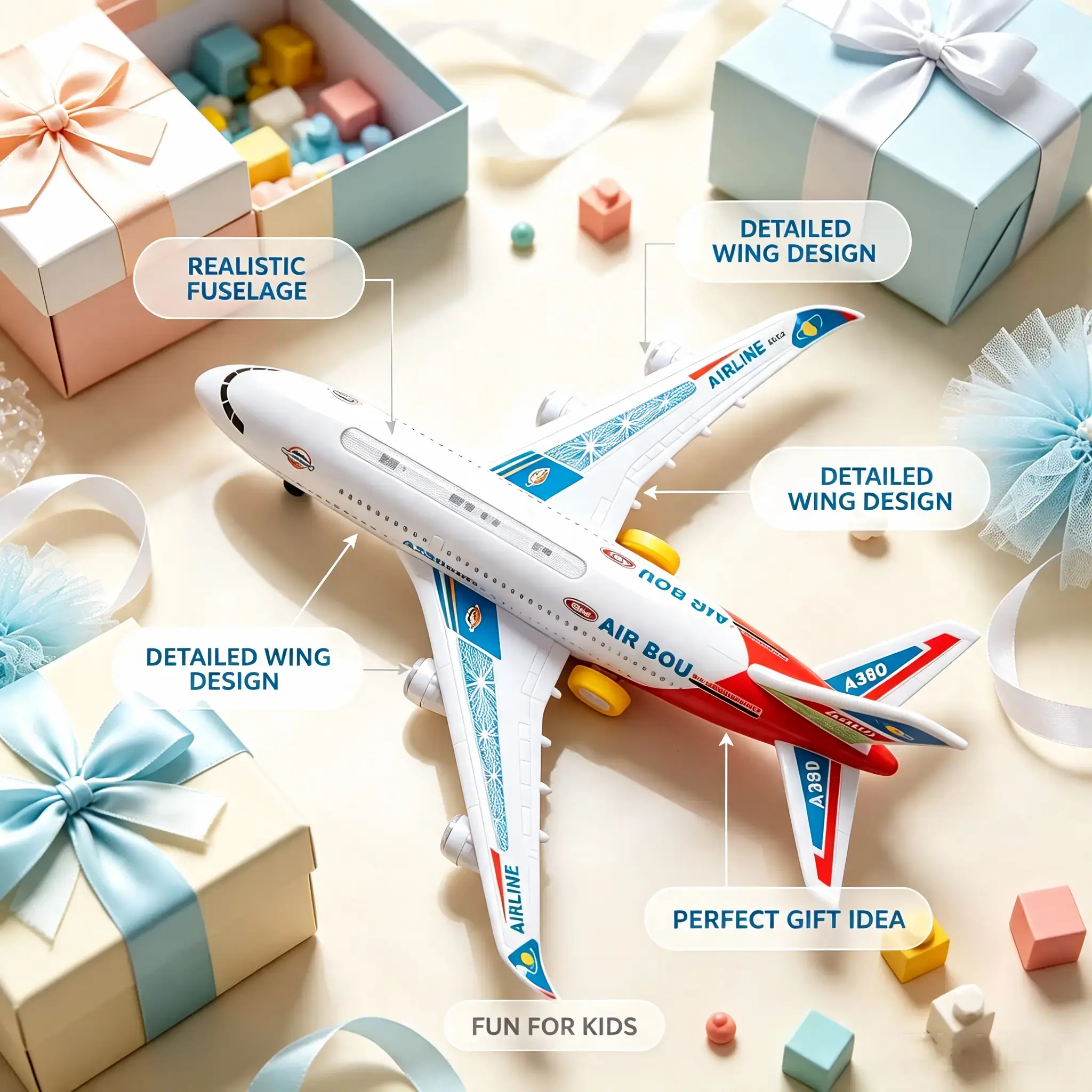 Unisex A380 Model Electric Light-Up RC Airplane Toy - Bump & Go Auto Turn, Realistic Sounds, Transportation-Themed, for 3-4 Years Old Kids