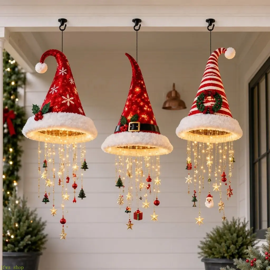 Lighted Santa Hat Hanging Decor, Christmas Hanging Light, LED Holiday Decoration, Festive Window and Covered Porch Decor, lighted santa hat, christmas hanging light, led christmas decoration, festive window decor, covered porch decor sohochic