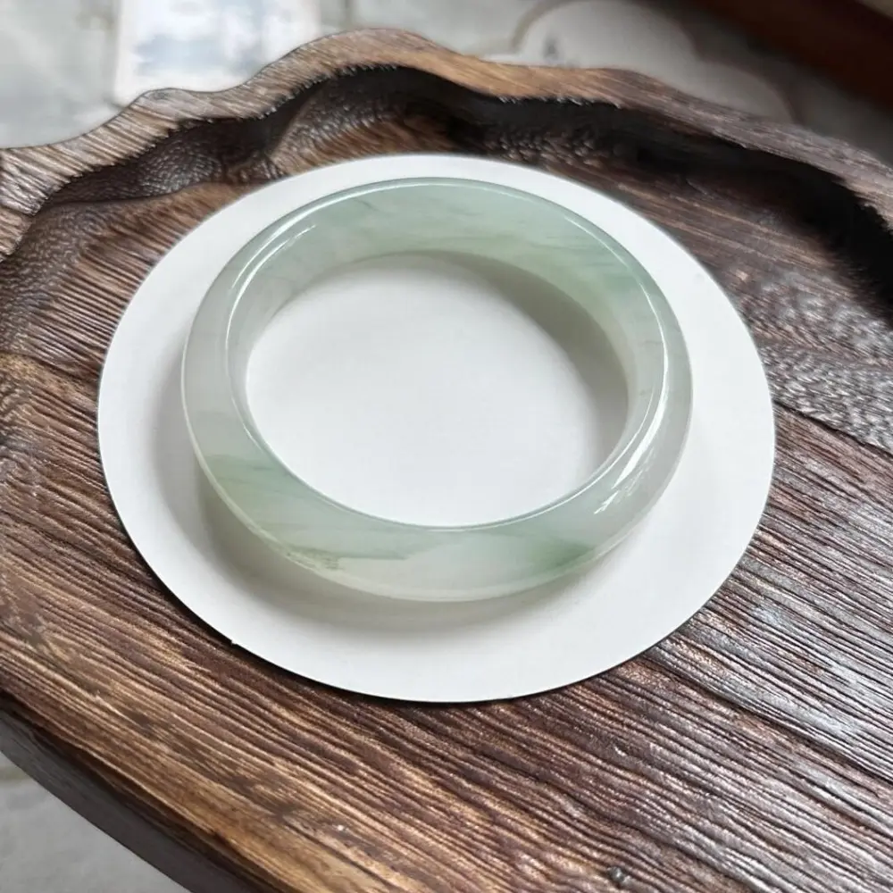 Women's Decorative Tianshan Cui Jade Round Bangle, Multi-Green Snow Golden Silk Rare Collectible Stone Carving