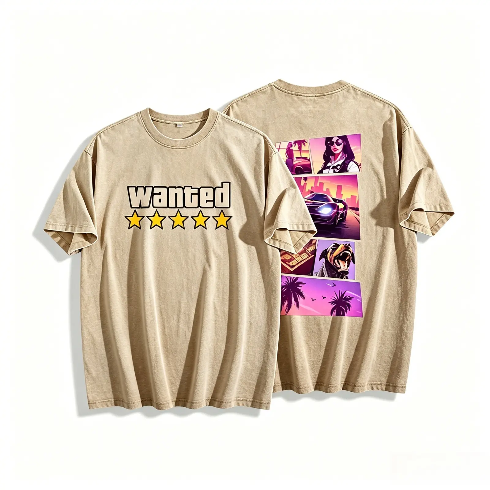 Unisex Vintage Washed GTA Wanted 5-Star Graphic Heavy Cotton Tee - Front-Back Print, Oversized, Drop Shoulder, Retro Vice City Game Streetwear Top - For Gamer Fans, Summer Party, 4th Of July Casual Outfit - S, 2XL, 3XL Sports Top